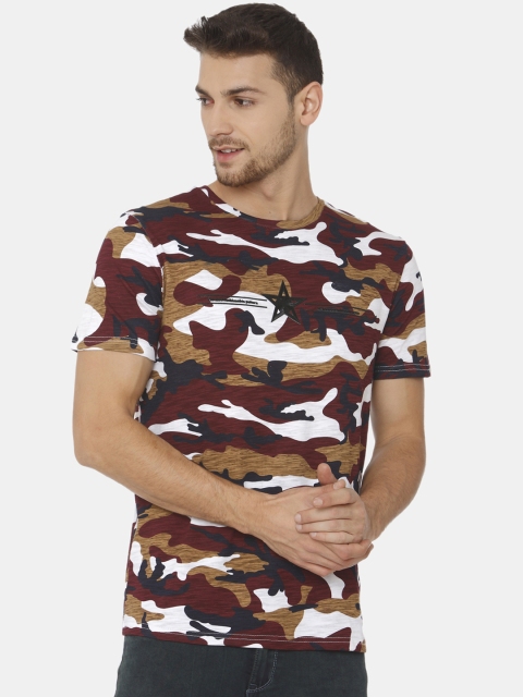 

Rex Straut Jeans Men Maroon & Brown Camouflage Print Round Neck T-shirt, White