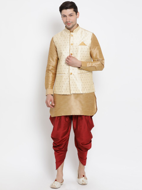 

VASTRAMAY Men Gold-Toned & Maroon Self Design Kurta with Dhoti Pants