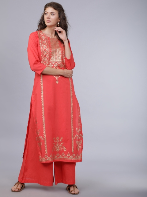 

Folklore Women Coral & Gold Printed Kurta with Palazzos