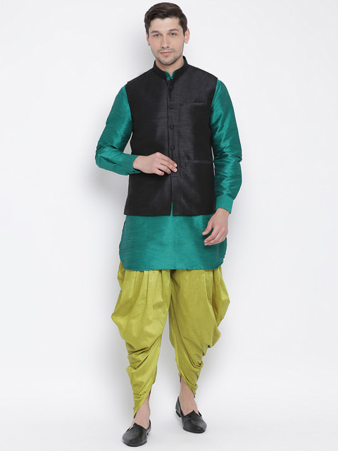 

VASTRAMAY Men Lime Green & Sea Green Solid Kurta with Dhoti Pants & Ethnic Jacket