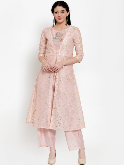 

ANAISA Women Pink Embellished Top with Trousers & Ethnic Jacket