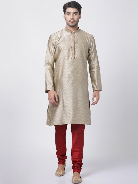

VASTRAMAY Men Beige & Maroon Self Design Kurta with Churidar