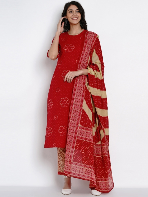 

Yuris Women Red & Beige Bandhani Print Kurta with Palazzos & Dupatta