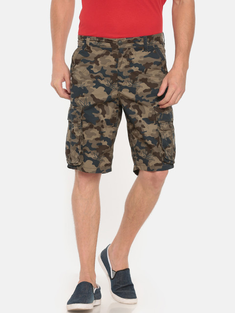 

t-base Men Olive Green Camouflage Print Regular Fit Cargo Shorts