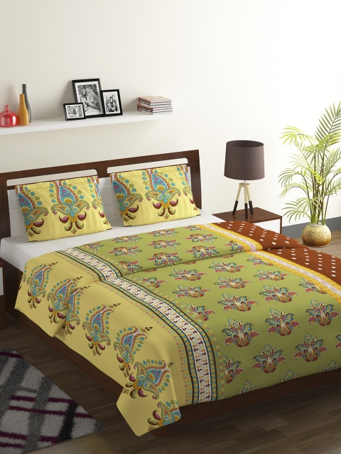 

BOMBAY DYEING Yellow & Green Ethnic Motifs 104 TC 1 Queen Bedsheet with 2 Pillow Covers