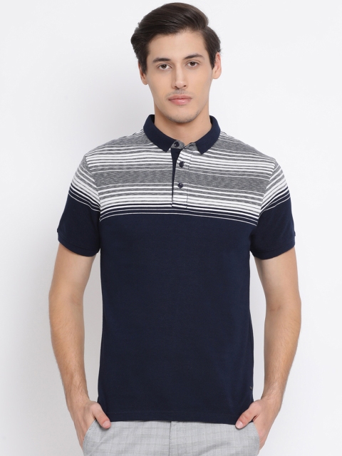 

Crimsoune Club Men Navy Blue Striped Polo Collar T-shirt