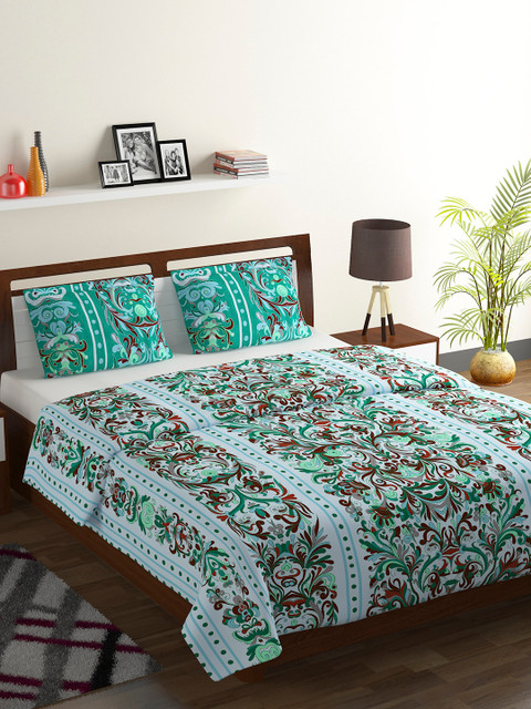 

BOMBAY DYEING Turquoise Blue & Maroon Ethnic Motifs 104 TC Cotton 1 Queen Bedsheet with 2 Pillow Covers