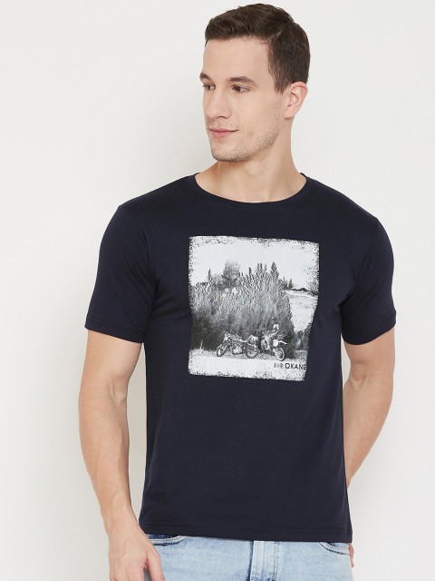 

Okane Men Navy Blue Printed Round Neck T-shirt