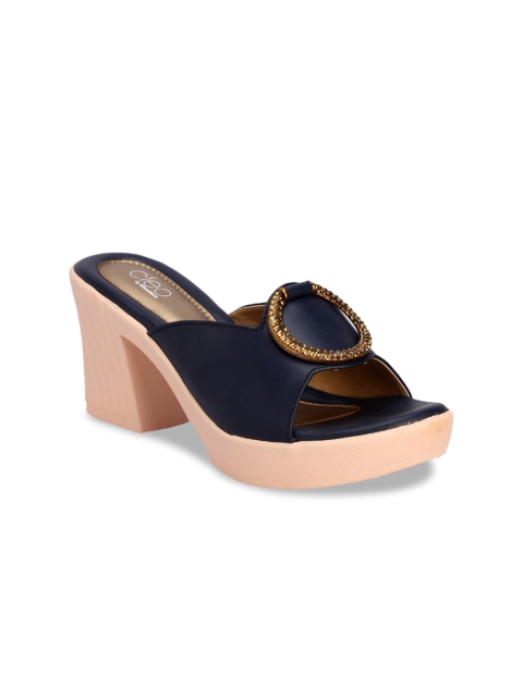 

Khadims Women Navy Blue Solid Heeled Mules