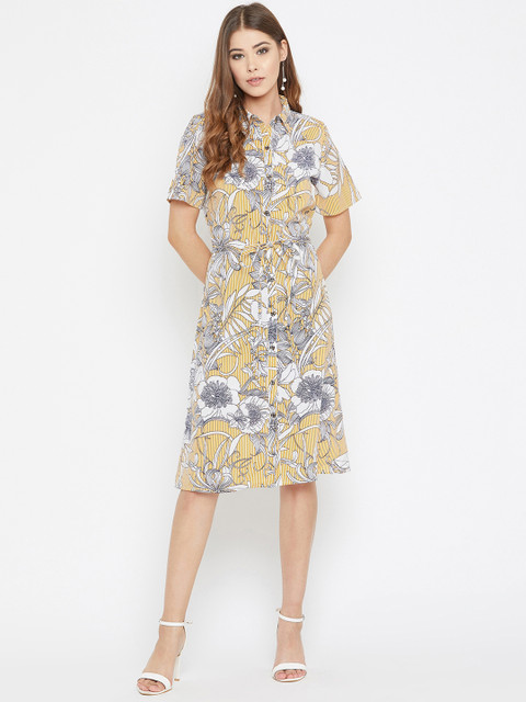 

Ruhaans Women Yellow & White Floral Printed Shirt Dress
