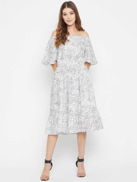 

Ruhaans Women White & Black Floral Printed Fit and Flare Dress