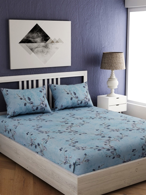 

EverHOME Blue Floral 300 TC Cotton 1 King Bedsheet with 2 Pillow Covers