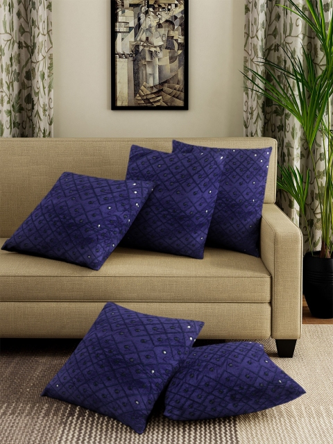 

DREAM WEAVERZ Navy Blue Set of 5 Self Design Dupioni Square Cushion Covers