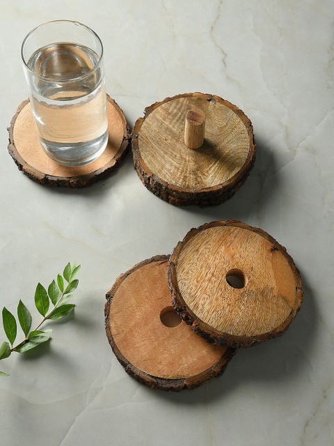

Dennmarks Set Of 4 Brown Hand Painted Wooden Unique Alluring Coasters With Holder