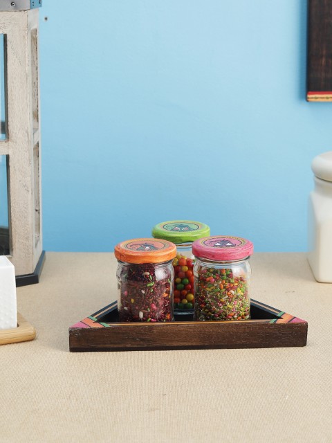

VarEesha Set Of 3 Transparent Madhubani Hand-Painted Lid Glass Jars With Brown Mango Wood Tray