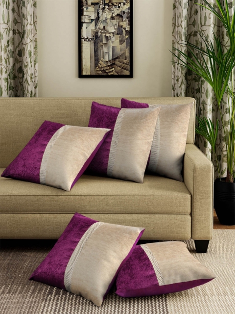 

DREAM WEAVERZ Magenta & Beige Set of 5 Colourblocked Square Cushion Covers