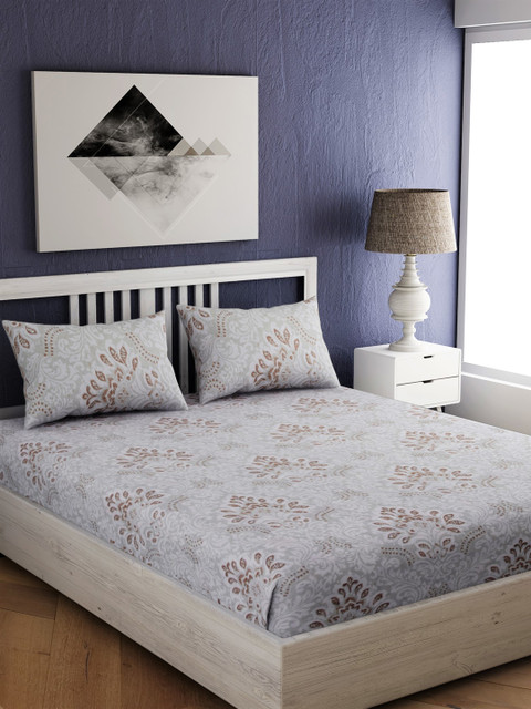 

EverHOME Grey & Off-White Floral 300 TC Cotton 1 King Bedsheet with 2 Pillow Covers