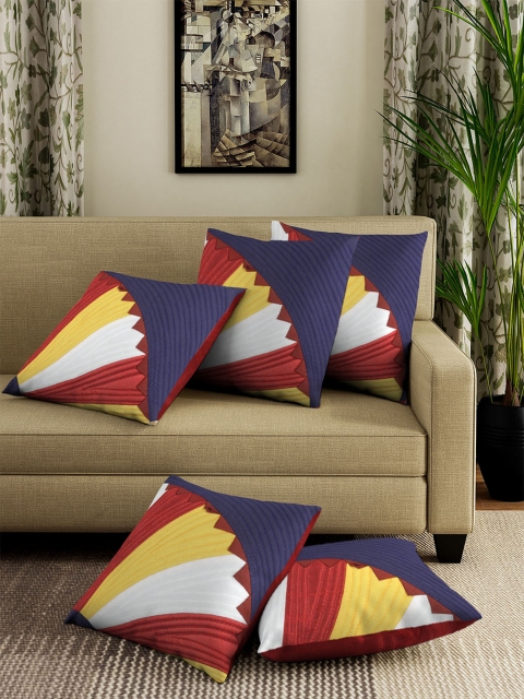 

DREAM WEAVERZ Blue & Yellow Set of 5 Abstract Square Cushion Covers
