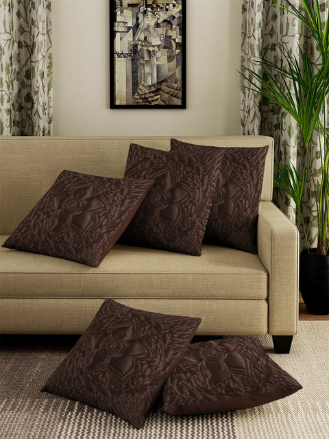 

DREAM WEAVERZ Coffee Brown Set of 5 Embroidered Square Cushion Covers