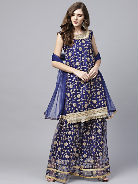 

Chhabra 555 Women Navy Blue & Gold-Coloured Embroidered Kurta with Sharara & Dupatta