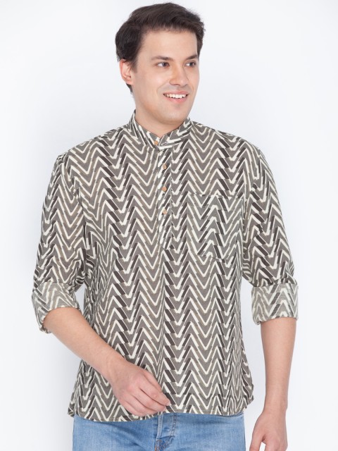 

VASTRAMAY Men Grey & White Printed Straight Kurta
