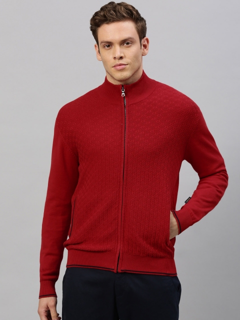 

RARE RABBIT Men Red Self Design Front-Open Sweater