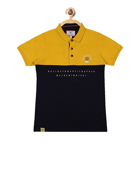 

Monte Carlo Boys Mustard Yellow & Navy Blue Colourblocked Polo Collar T-shirt