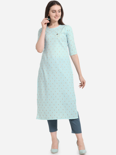 

Kvsfab Women Aqua Blue Woven Design Straight Kurta