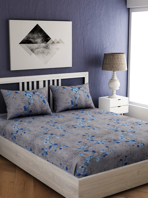 

EverHOME Grey & Blue Floral 300 TC Cotton 1 King Bedsheet with 2 Pillow Covers
