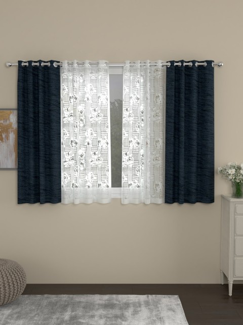 

ROSARA HOME Navy Blue & White Set of 4 Window Curtains