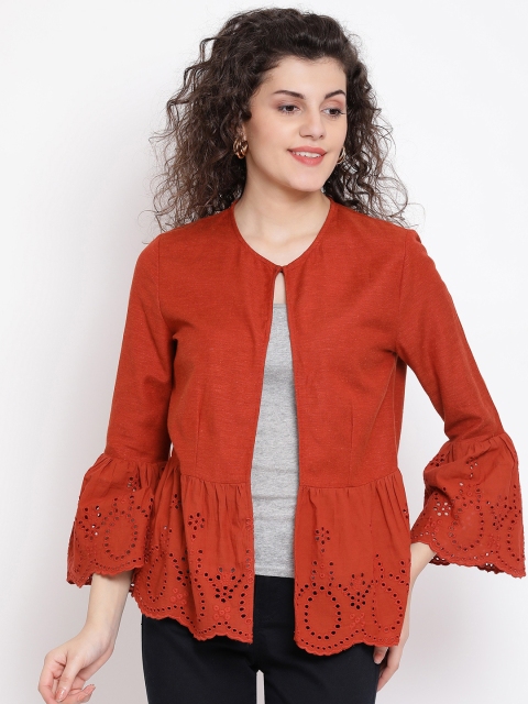 

Oxolloxo Women Rust Brown Self Design Open Front Shrug