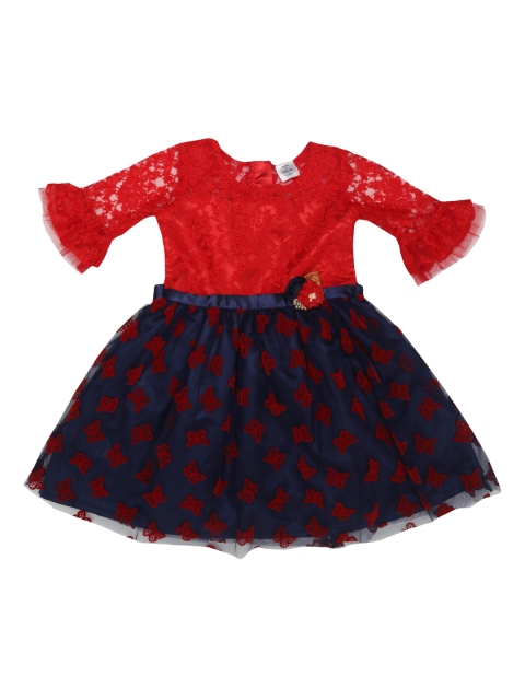 

Doodle Girls Navy Blue & Red Self Design Fit and Flare Dress