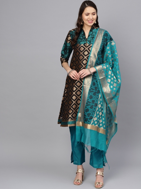 

Chhabra 555 Women Black & Teal Blue Woven Design Kurta with Trousers & Dupatta