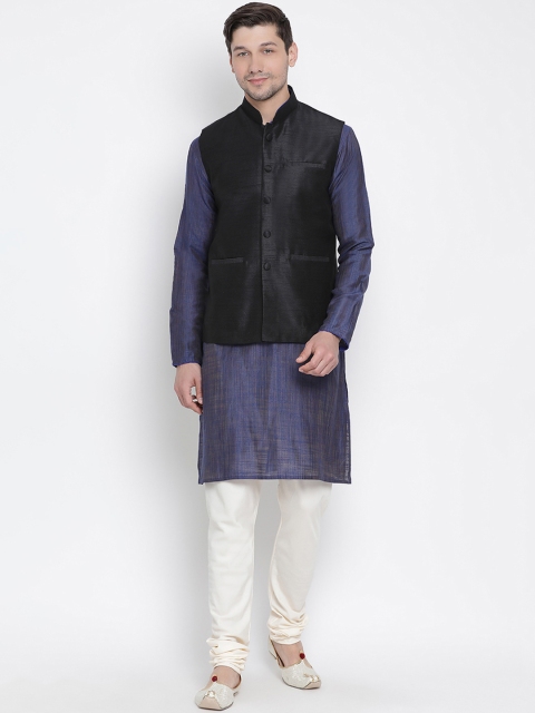 

VASTRAMAY Men Blue & Black Solid Kurta with Churidar & Nehru Jacket