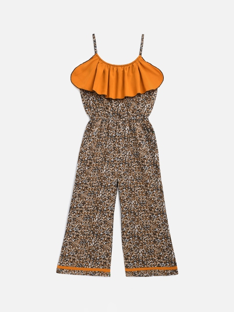 

KIDSCRAFT Girls Brown & Yellow Printed Basic Jumpsuit