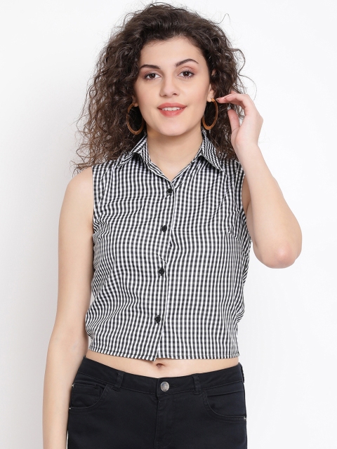 

Oxolloxo Women Black & Off-White Checked Casual Crop Shirt