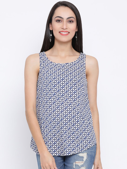 

Oxolloxo Women White & Blue Printed Top