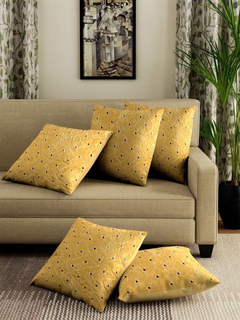 

DREAM WEAVERZ Gold Set of 5 Self Design Square Cushion Covers