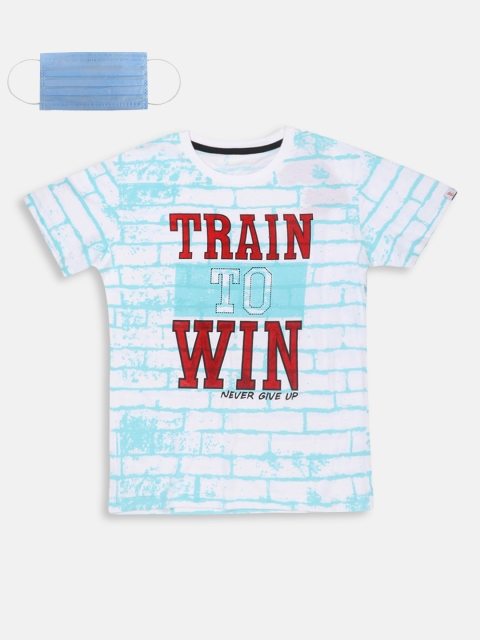 

Lil Tomatoes Boys White Aqua Blue Printed Round Neck Pure Cotton T-shirt