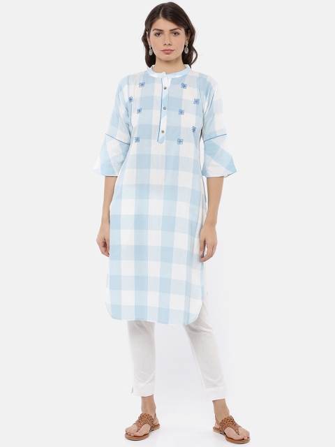 

GOLDSTROMS Women White & Blue Checked Straight Kurta