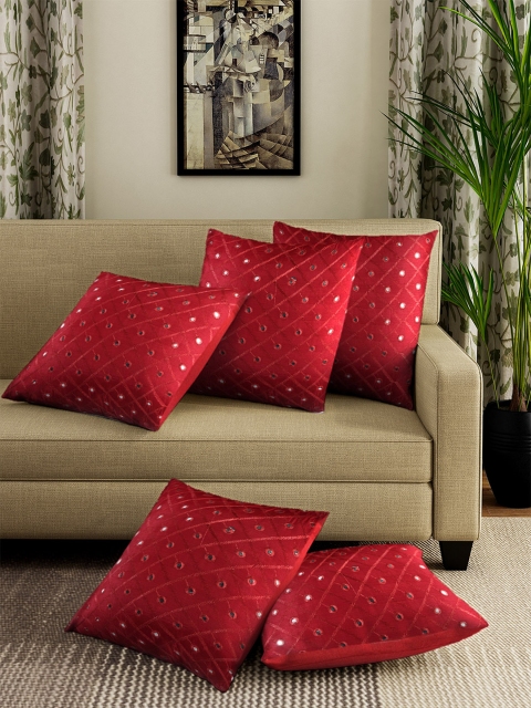 

Dream Weaverz Pack of 5 Soft Silk Dupioni Square Embroided Cushion Cover, Red