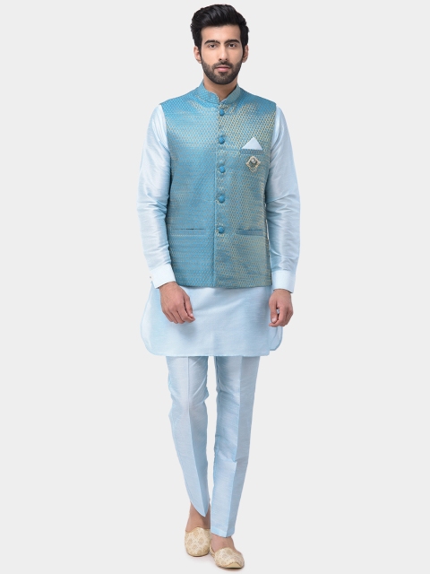 

SG LEMAN Men Blue Self Design Kurta with Trousers & Nehru Jacket