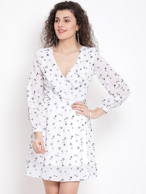 

Oxolloxo Women White & Grey Printed Wrap Dress