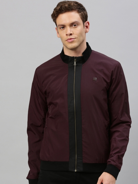 RARE RABBIT Men Maroon Colourblocked Bomber Jacket