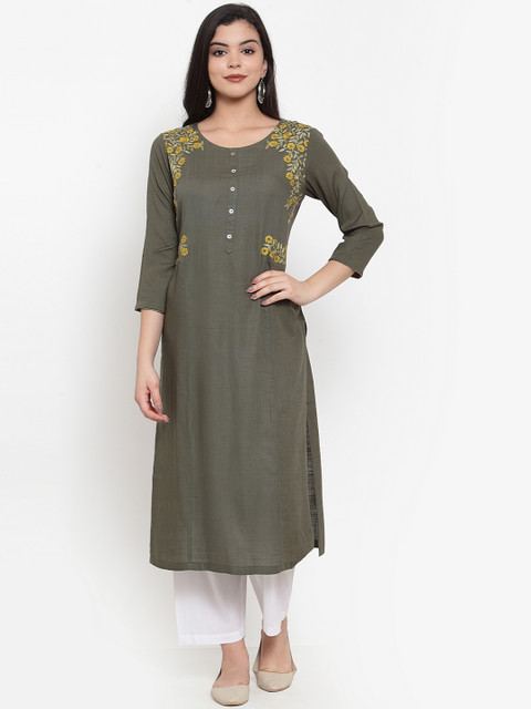 

Aujjessa Women Olive Green Embroidered Straight Kurta