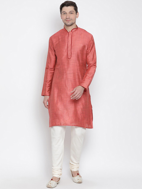 

VASTRAMAY Men Pink & Cream-Coloured Solid Kurta Set With Nehru Jacket