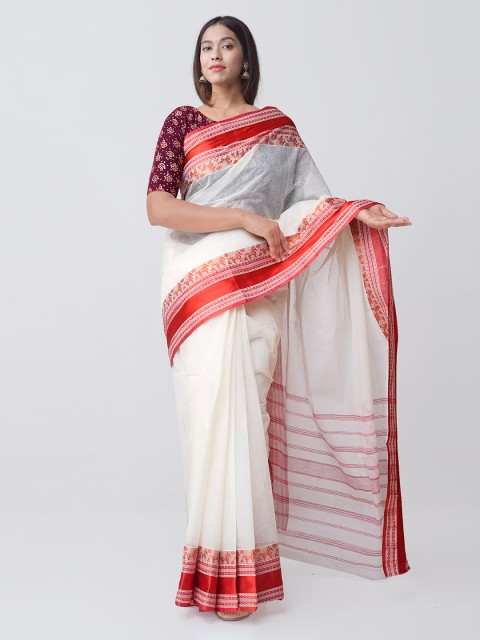 

Unnati Silks Off-White & Red Pure Cotton Woven Design Taant Handloom Saree