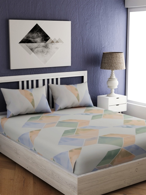 

EverHOME White & Blue Geometric 300 TC Cotton 1 King Bedsheet with 2 Pillow Covers