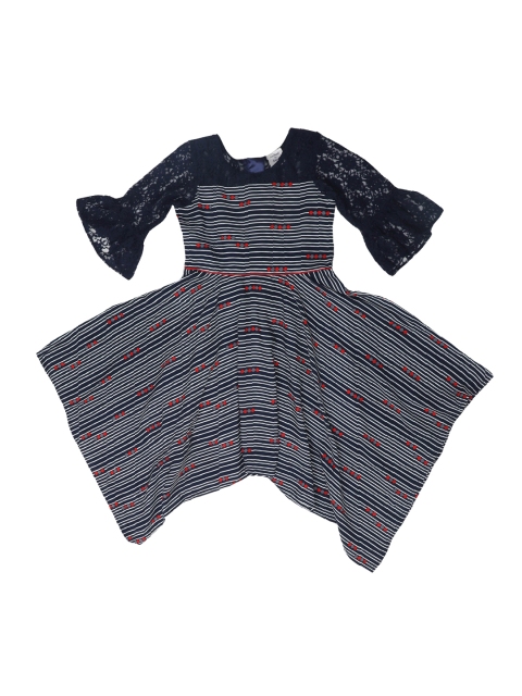 

Doodle Girls Navy Blue & White Striped Fit and Flare Dress