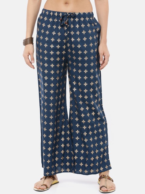 

GOLDSTROMS Women Navy Blue & White Printed Straight Palazzos